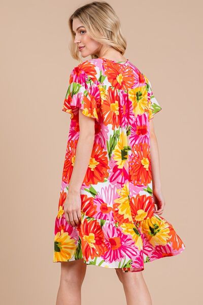 Ces Femme Floral Ruffled Short Sleeve Dress