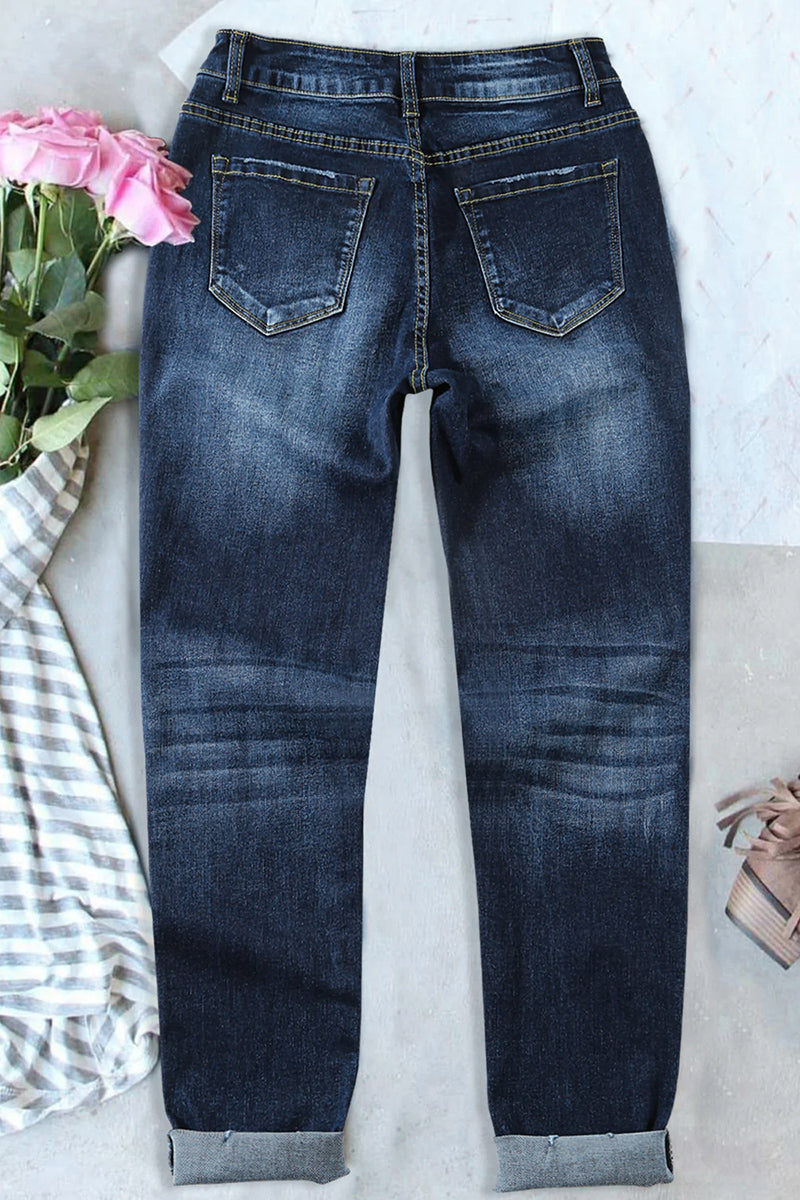 Button Up Roll Hem Straight Leg Jeans