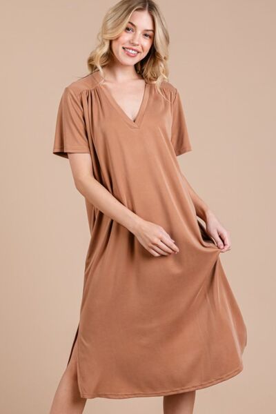 Ces Femme Side Slit Short Sleeve Midi Dress with Pockets