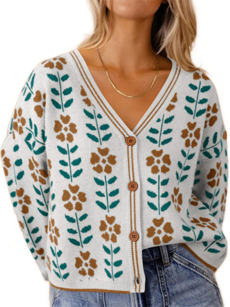 Women's V Neck Floral Print Sweater Cardigan (Buy 2 Free Shipping)