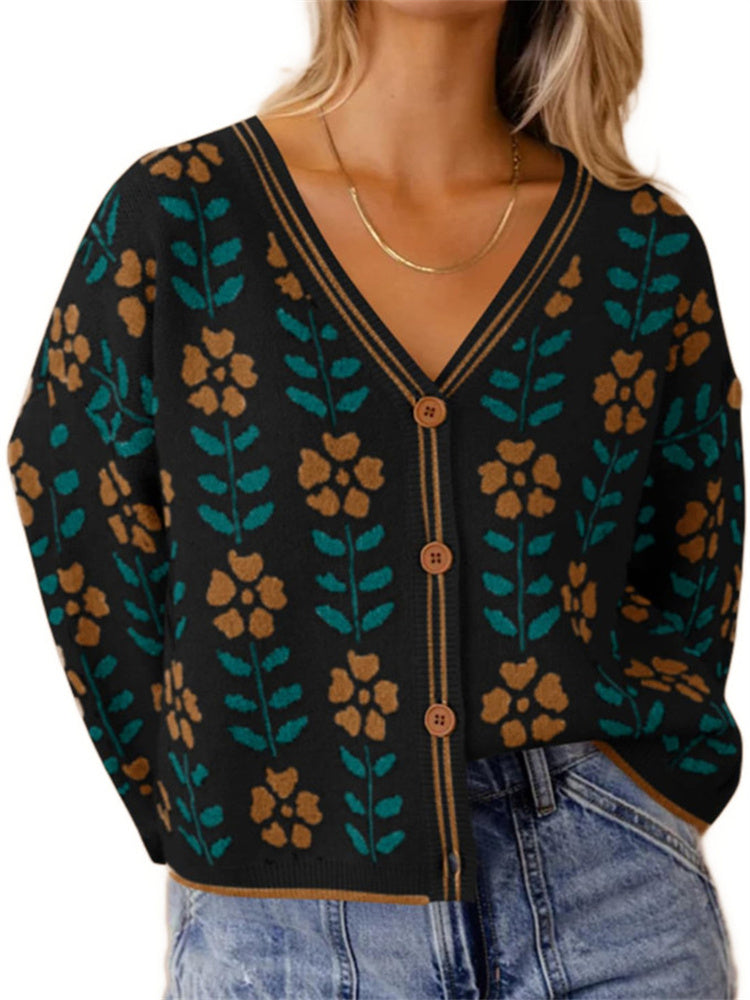 Women's V Neck Floral Print Sweater Cardigan (Buy 2 Free Shipping)