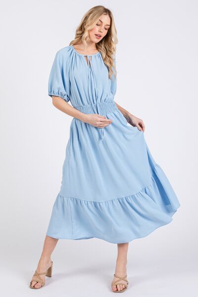 Ces Femme Smocked Elastic Waist Tie Neck Puff Sleeve Dress