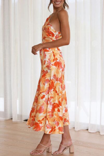 Ruched Printed Single Shoulder Midi Dress