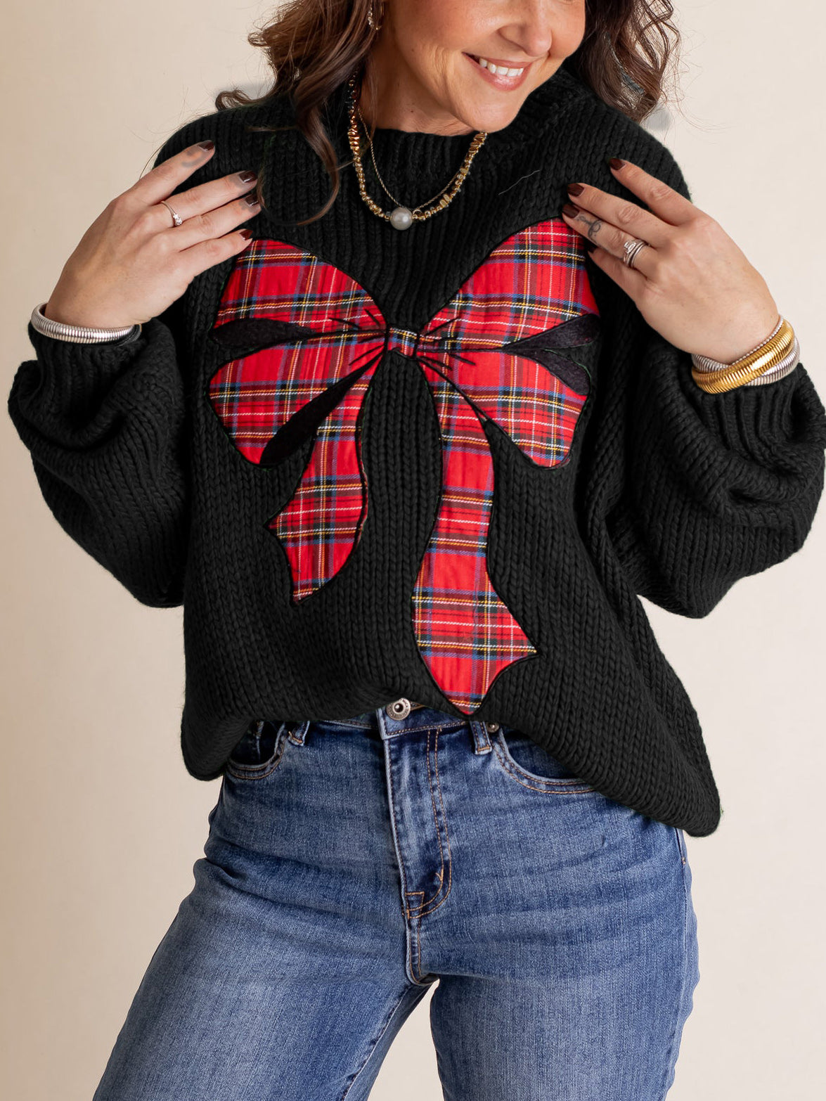 Women's Christmas Plaid Bow Sweater (Buy 2 Free Shipping)