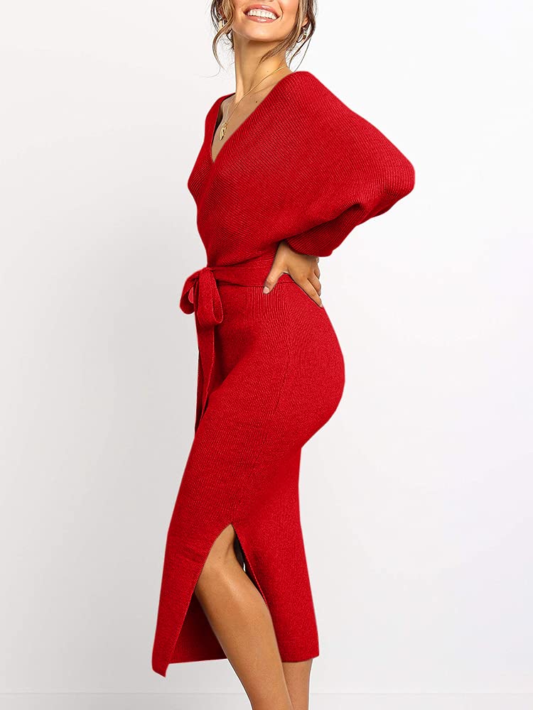 Women's Wrap V Neck Slit Sweater Dresses (Buy 2 Free Shipping)
