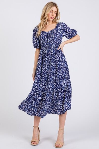 Ces Femme Floral Square Neck Puff Sleeve Midi Dress