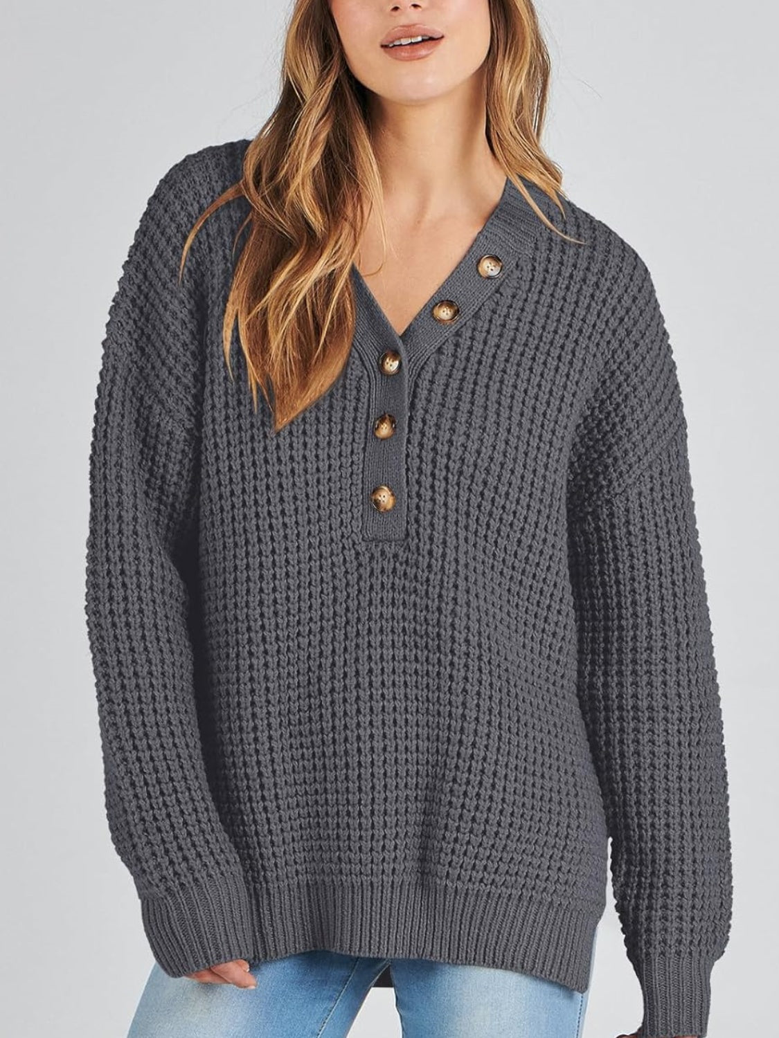 Women's Waffle Side Slit Knit Sweater (Buy 2 Free Shipping)