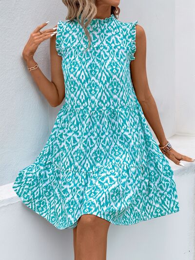 Perfee Printed Frill Sleeveless Mini Dress