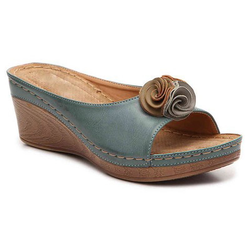 😍Last Day 55% OFF😍-Women's Comfy Leather Solid Flower Strap Wedge Sandals