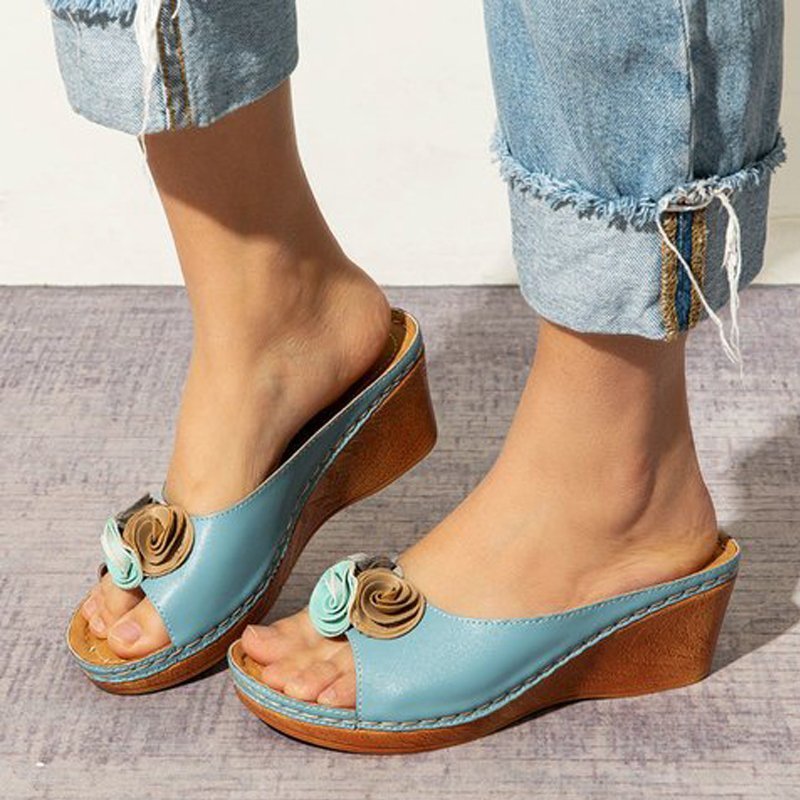 😍Last Day 55% OFF😍-Women's Comfy Leather Solid Flower Strap Wedge Sandals