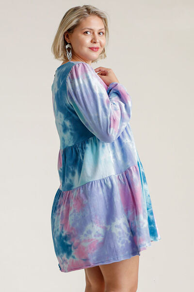 Umgee Full Size Tie Dye Round Neck Long Sleeve Babydoll Tiered Dress Plus Size