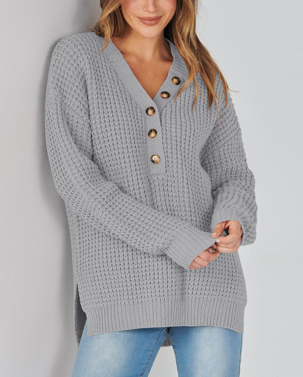 Women's Waffle Side Slit Knit Sweater (Buy 2 Free Shipping)