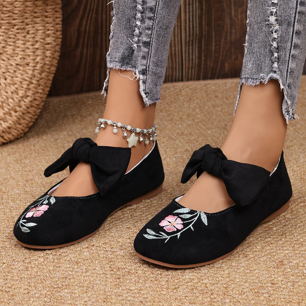 New Embroidered Bow Flat Mary Jane Shoes