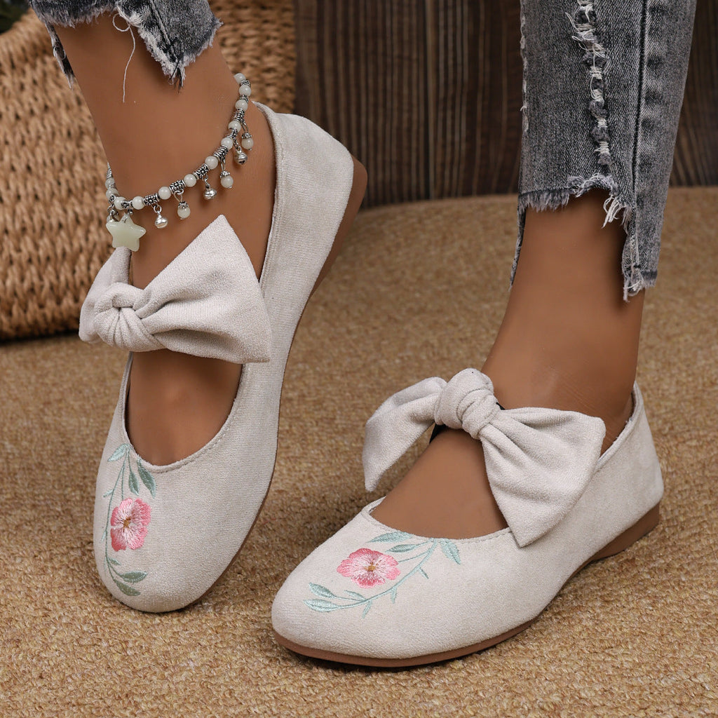 New Embroidered Bow Flat Mary Jane Shoes