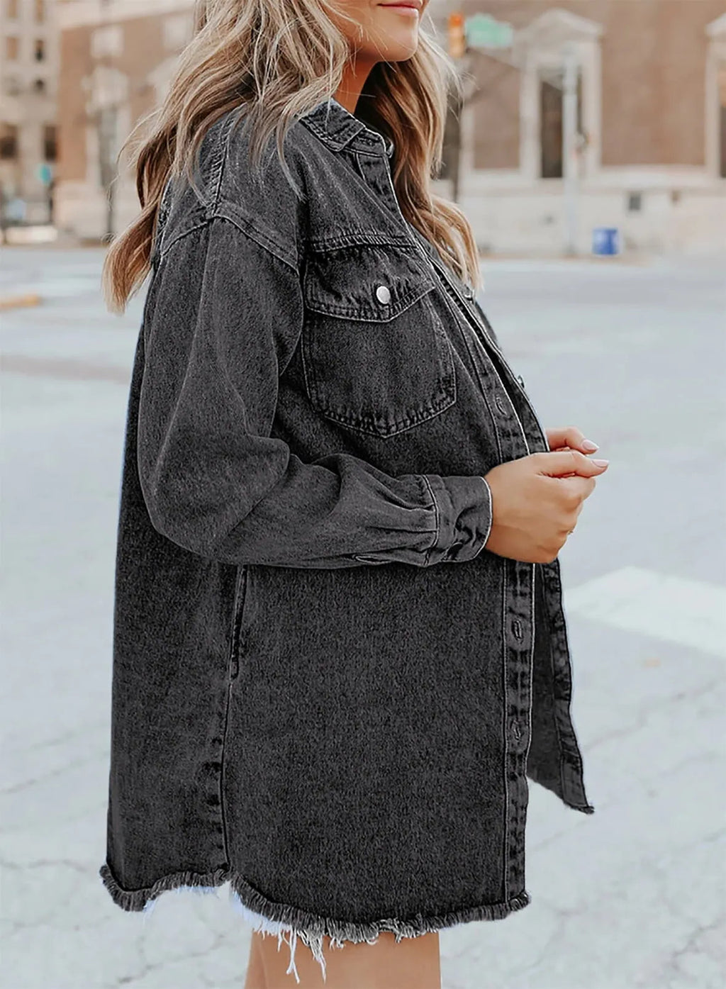 Women's Button Down Raw Edge Denim Jacket (Buy 2 Free Shipping)